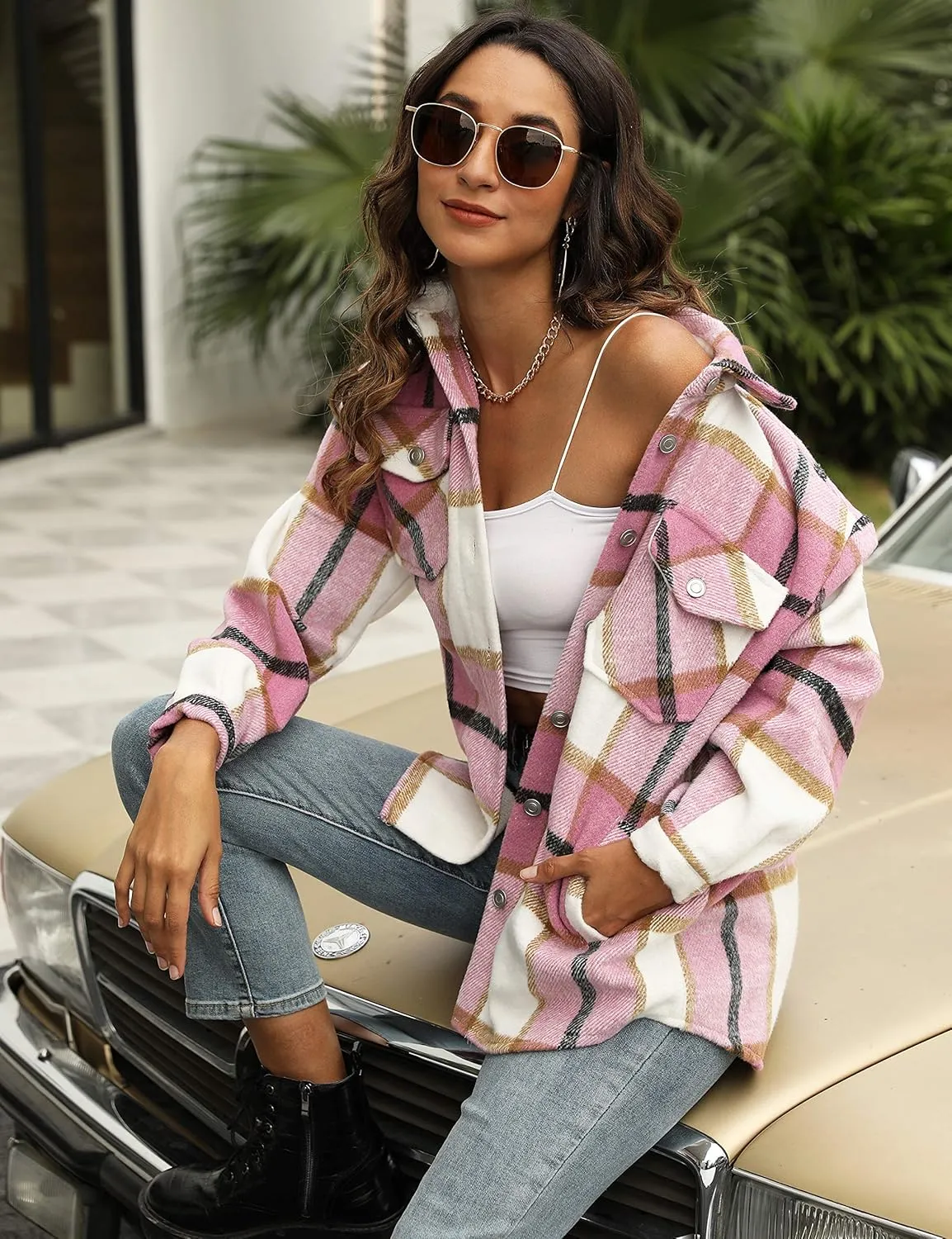 UANEO Womens Plaid Shacket Button Down Wool Blend Fall Flannel Shirt Jacket