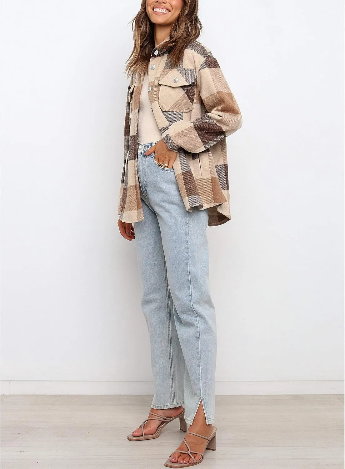 UANEO Womens Plaid Shacket Button Down Wool Blend Fall Flannel Shirt Jacket