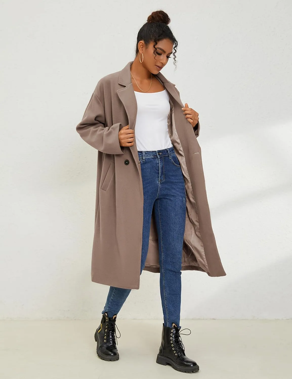 UANEO Women's Wool Blend Coat Oversized Double Breasted Long Trench Overcoat Winter