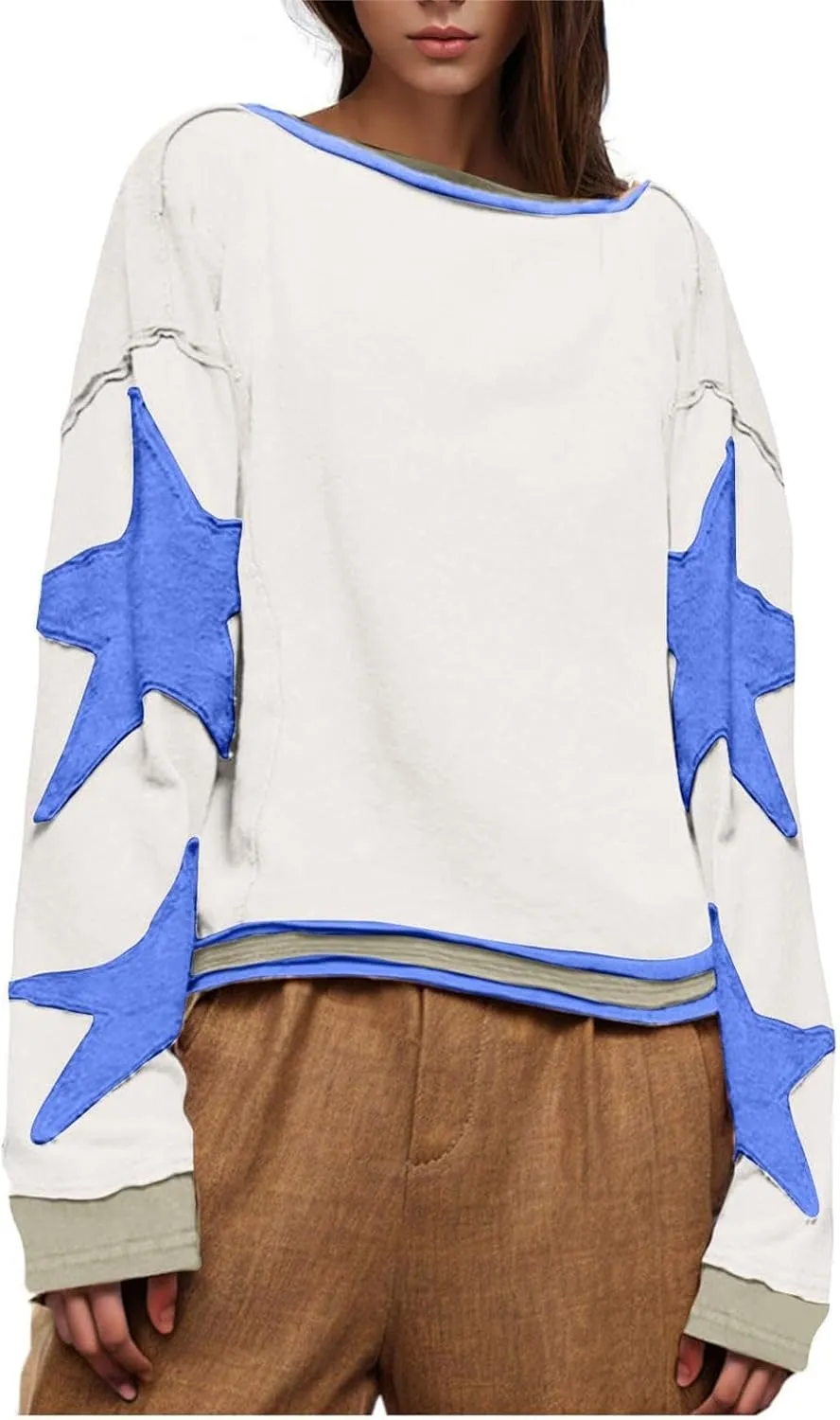 utcoco Oversized Sweatshirt for Women Star Patches Crew Neck Long Sleeve Shirts Hoodies Fashion Y2K Tops