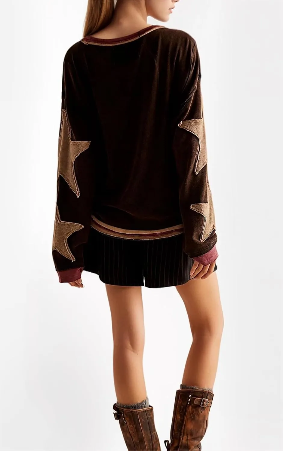 utcoco Oversized Sweatshirt for Women Star Patches Crew Neck Long Sleeve Shirts Hoodies Fashion Y2K Tops