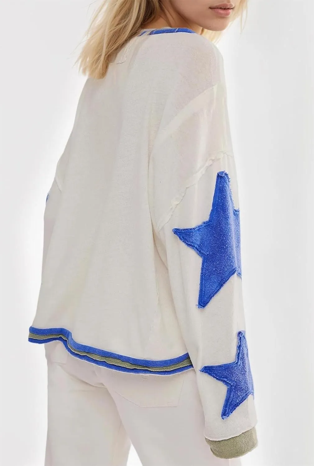 utcoco Oversized Sweatshirt for Women Star Patches Crew Neck Long Sleeve Shirts Hoodies Fashion Y2K Tops