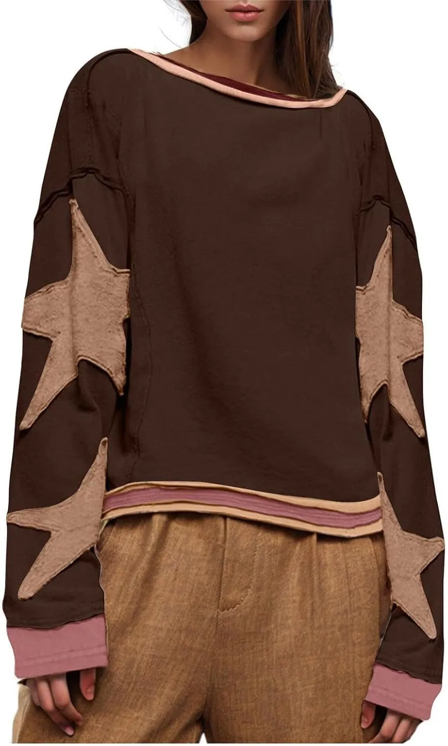 utcoco Oversized Sweatshirt for Women Star Patches Crew Neck Long Sleeve Shirts Hoodies Fashion Y2K Tops