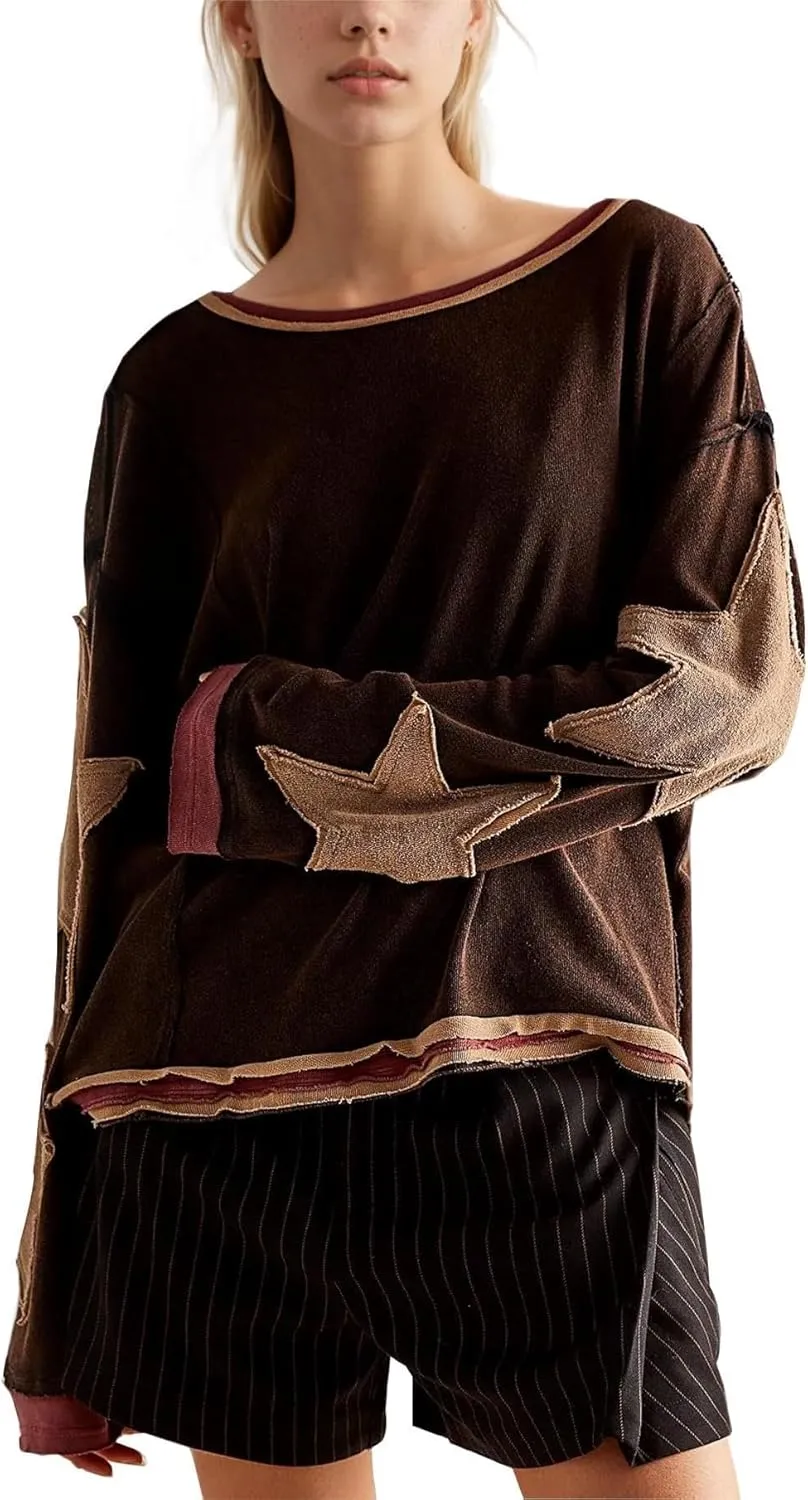 utcoco Oversized Sweatshirt for Women Star Patches Crew Neck Long Sleeve Shirts Hoodies Fashion Y2K Tops
