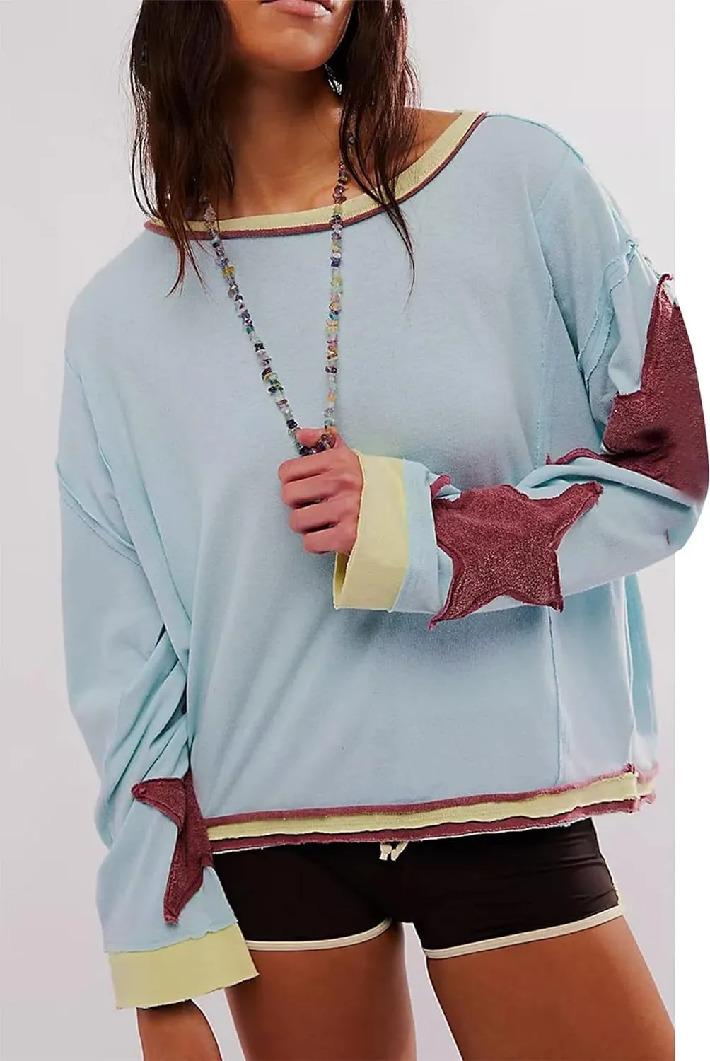 utcoco Oversized Sweatshirt for Women Star Patches Crew Neck Long Sleeve Shirts Hoodies Fashion Y2K Tops