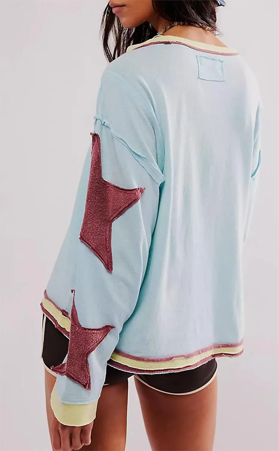 utcoco Oversized Sweatshirt for Women Star Patches Crew Neck Long Sleeve Shirts Hoodies Fashion Y2K Tops