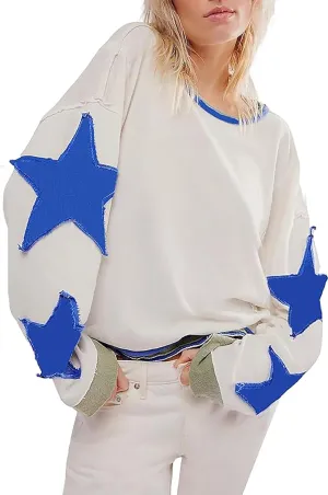 utcoco Oversized Sweatshirt for Women Star Patches Crew Neck Long Sleeve Shirts Hoodies Fashion Y2K Tops