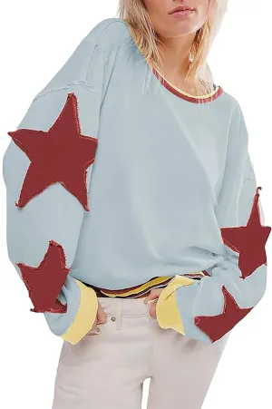 utcoco Oversized Sweatshirt for Women Star Patches Crew Neck Long Sleeve Shirts Hoodies Fashion Y2K Tops