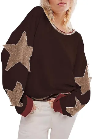 utcoco Oversized Sweatshirt for Women Star Patches Crew Neck Long Sleeve Shirts Hoodies Fashion Y2K Tops