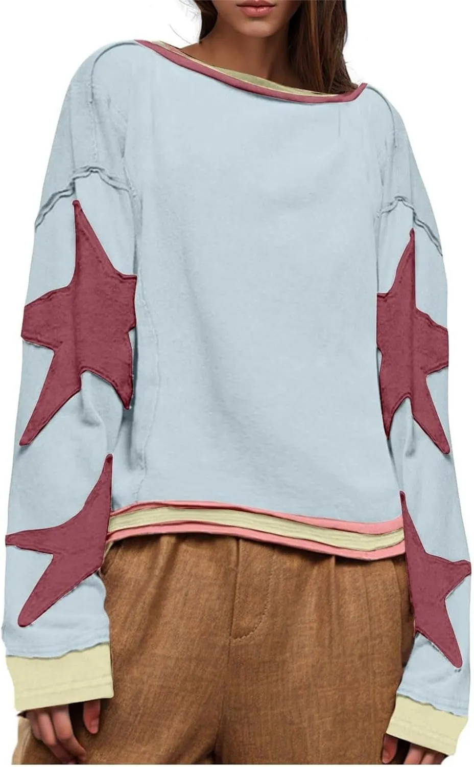 utcoco Oversized Sweatshirt for Women Star Patches Crew Neck Long Sleeve Shirts Hoodies Fashion Y2K Tops