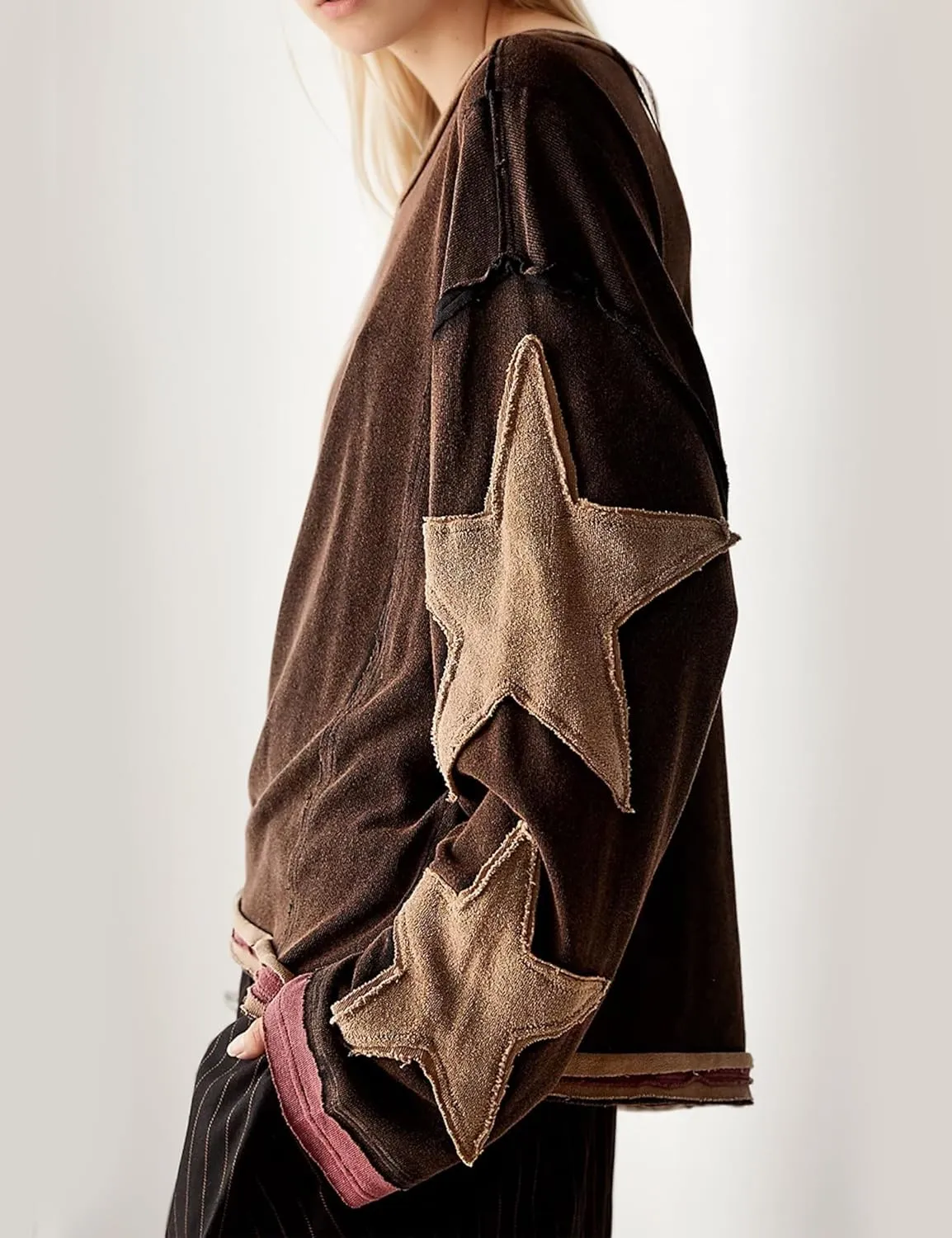 utcoco Oversized Sweatshirt for Women Star Patches Crew Neck Long Sleeve Shirts Hoodies Fashion Y2K Tops