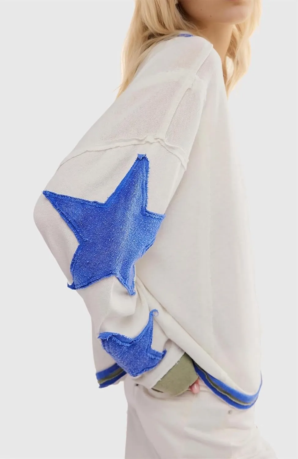 utcoco Oversized Sweatshirt for Women Star Patches Crew Neck Long Sleeve Shirts Hoodies Fashion Y2K Tops