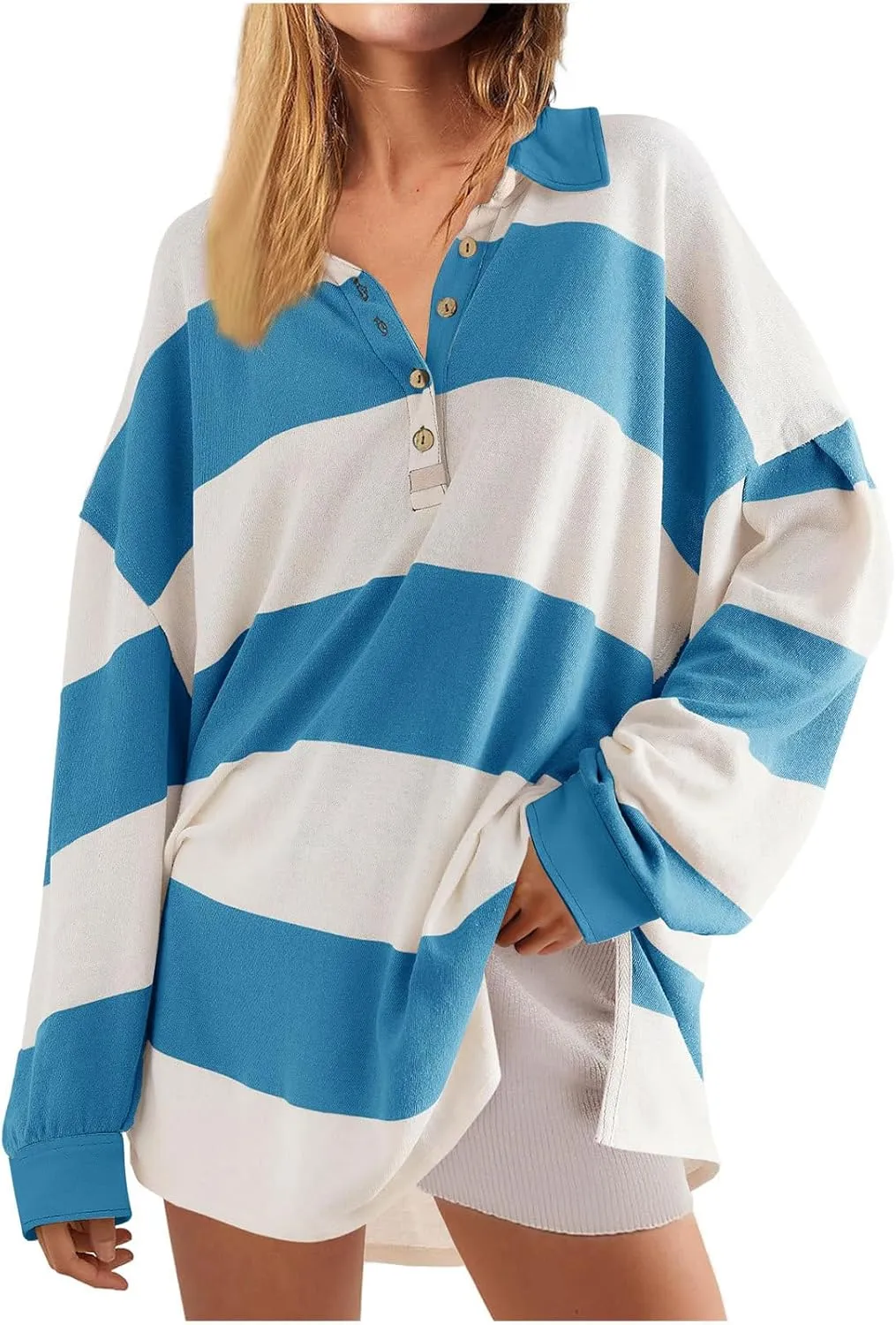 utcoco Oversized Sweatshirt for Women Striped Color Block Button Up Long Sleeve Shirts Hoodies Preppy Y2K Tops