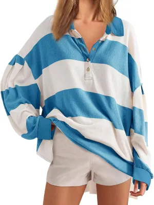 utcoco Oversized Sweatshirt for Women Striped Color Block Button Up Long Sleeve Shirts Hoodies Preppy Y2K Tops