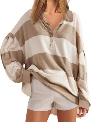 utcoco Oversized Sweatshirt for Women Striped Color Block Button Up Long Sleeve Shirts Hoodies Preppy Y2K Tops