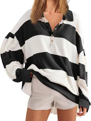 utcoco Oversized Sweatshirt for Women Striped Color Block Button Up Long Sleeve Shirts Hoodies Preppy Y2K Tops