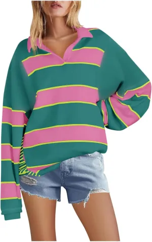 utcoco Oversized Sweatshirt for Women Striped V Neck Long Sleeve Shirts Hoodies Color Block Preppy Y2K Tops