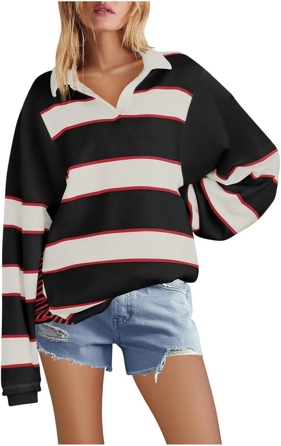utcoco Oversized Sweatshirt for Women Striped V Neck Long Sleeve Shirts Hoodies Color Block Preppy Y2K Tops