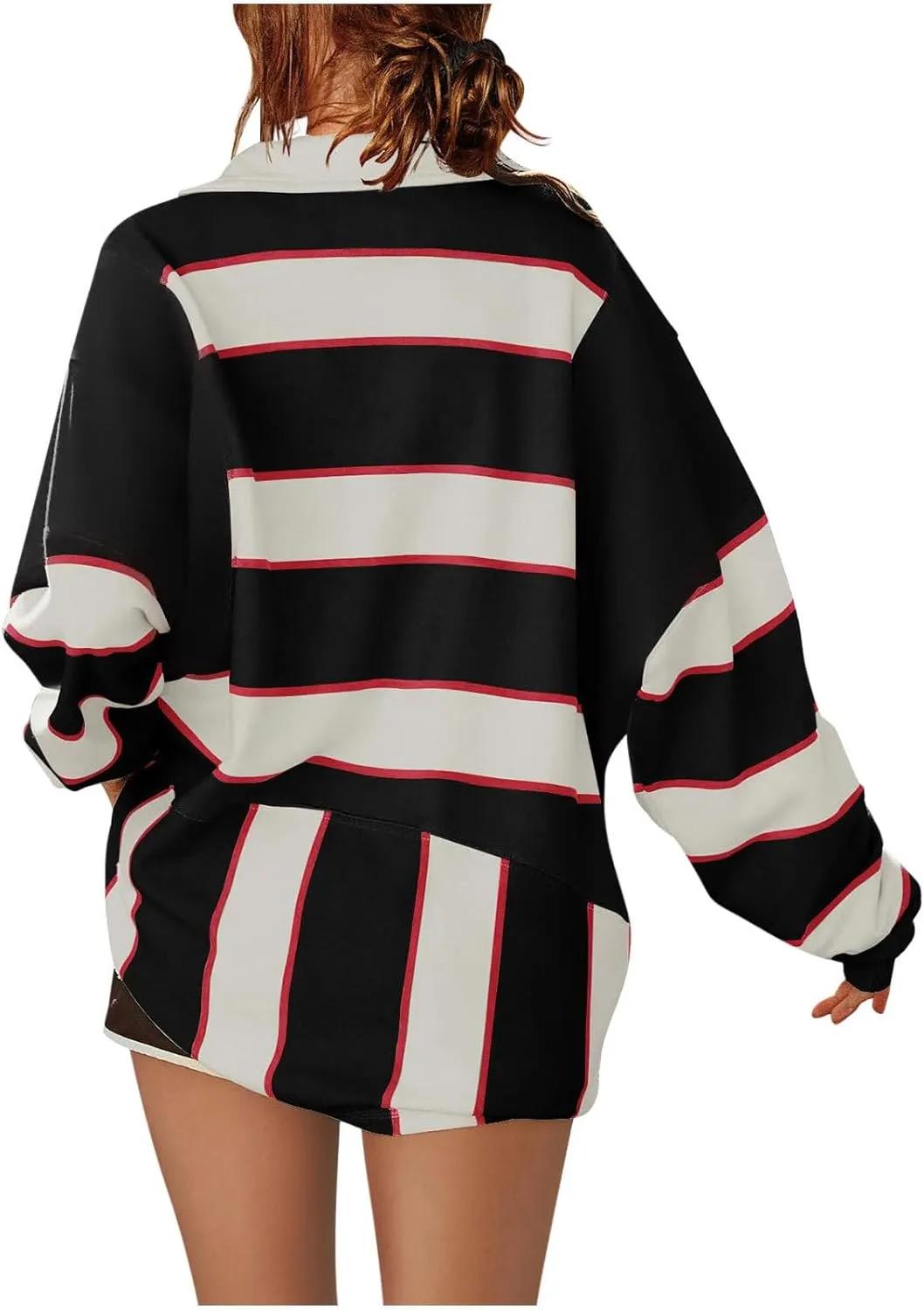 utcoco Oversized Sweatshirt for Women Striped V Neck Long Sleeve Shirts Hoodies Color Block Preppy Y2K Tops