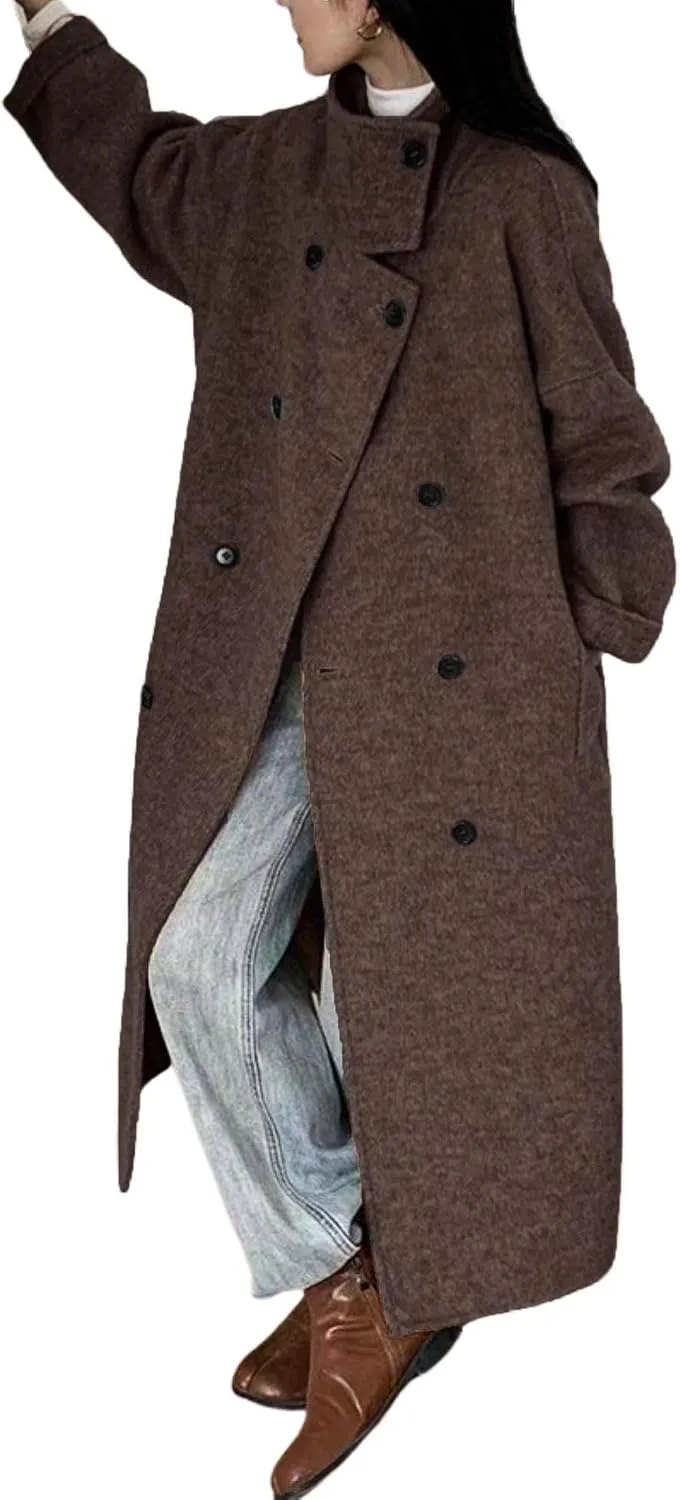 utcoco Women Wool Blend Long Pea Coat Stand Collar Double Breasted Trench Coat Winter Warm Overcoat