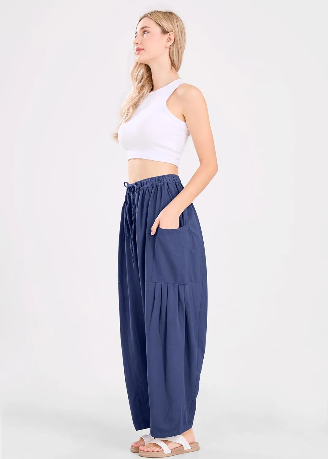 utcoco Womens Baggy Linen Pants Casual Loose Fit Drawstring Wide Leg Harem Pants with Pocket
