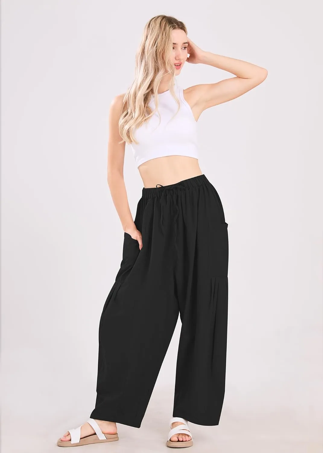 utcoco Womens Baggy Linen Pants Casual Loose Fit Drawstring Wide Leg Harem Pants with Pocket