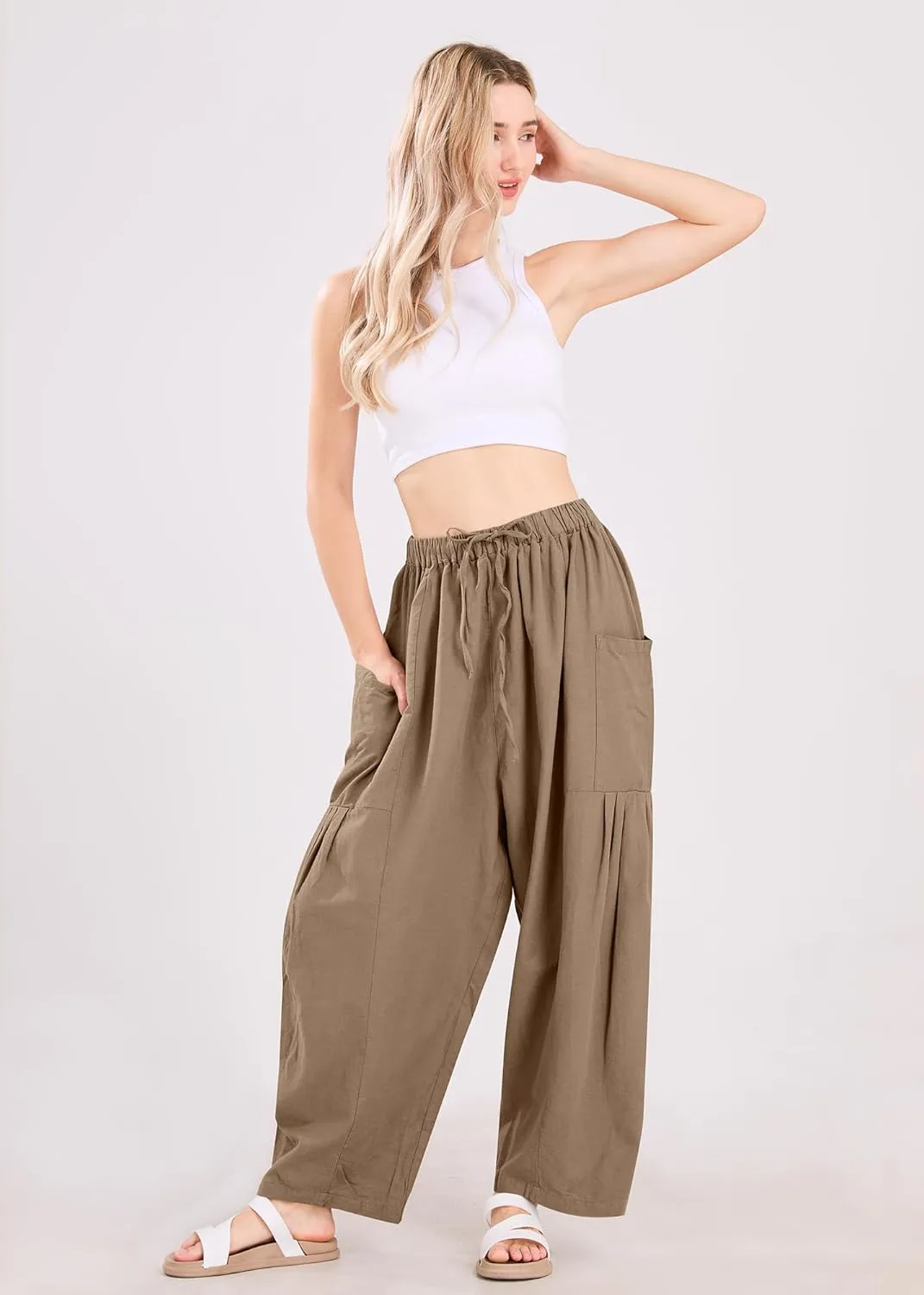 utcoco Womens Baggy Linen Pants Casual Loose Fit Drawstring Wide Leg Harem Pants with Pocket