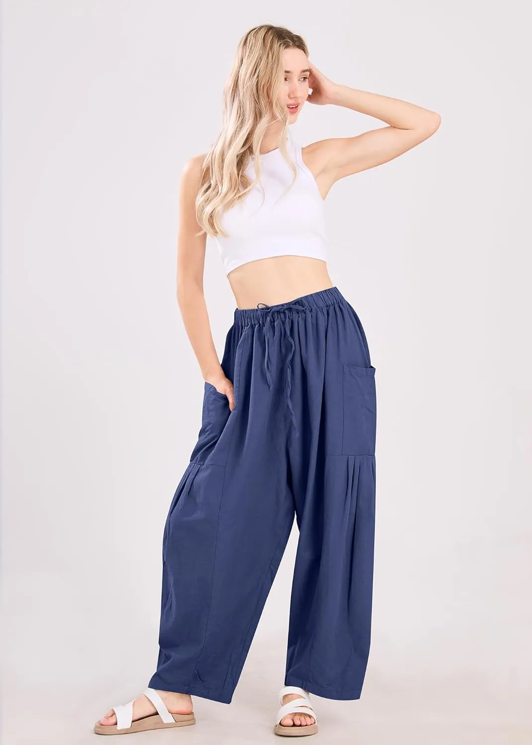 utcoco Womens Baggy Linen Pants Casual Loose Fit Drawstring Wide Leg Harem Pants with Pocket