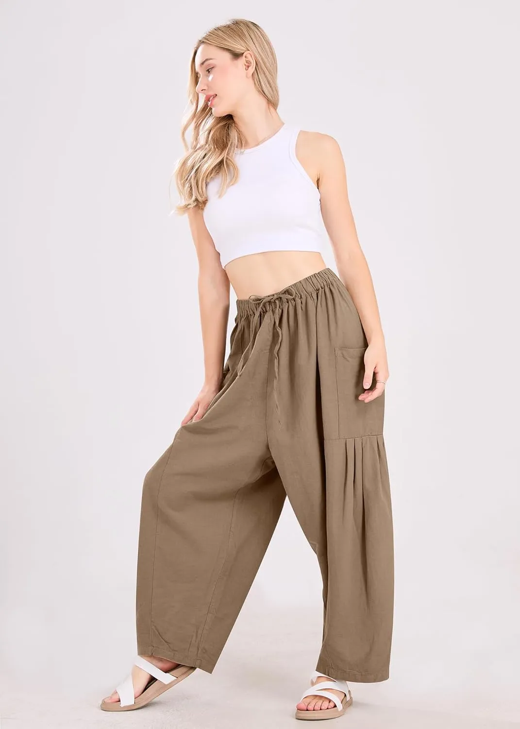 utcoco Womens Baggy Linen Pants Casual Loose Fit Drawstring Wide Leg Harem Pants with Pocket