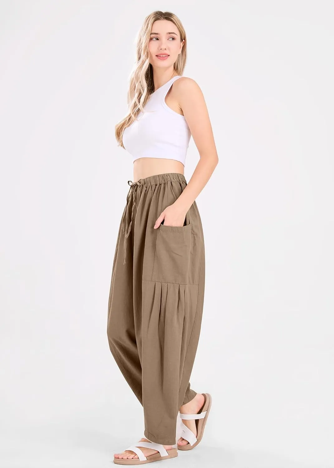 utcoco Womens Baggy Linen Pants Casual Loose Fit Drawstring Wide Leg Harem Pants with Pocket