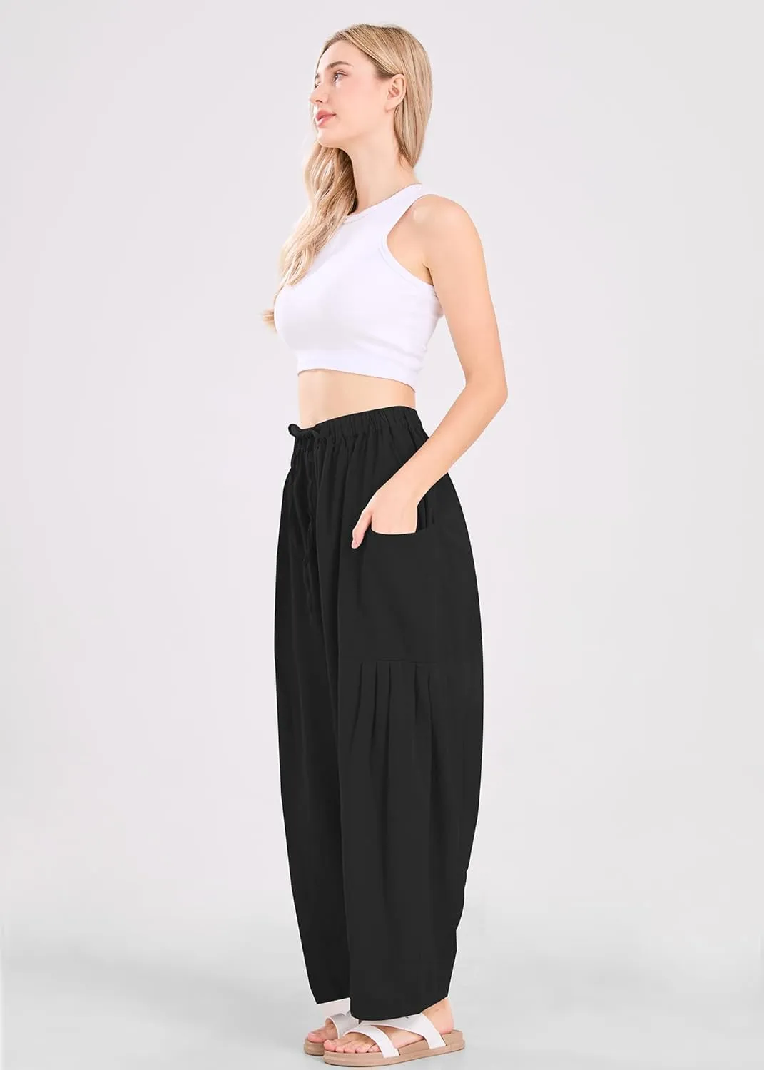 utcoco Womens Baggy Linen Pants Casual Loose Fit Drawstring Wide Leg Harem Pants with Pocket