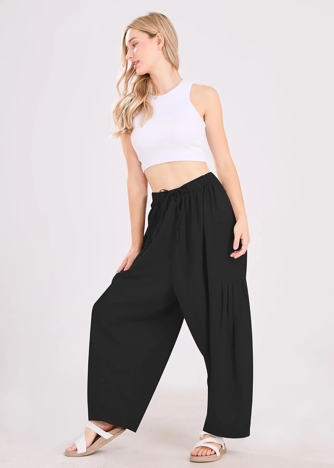 utcoco Womens Baggy Linen Pants Casual Loose Fit Drawstring Wide Leg Harem Pants with Pocket