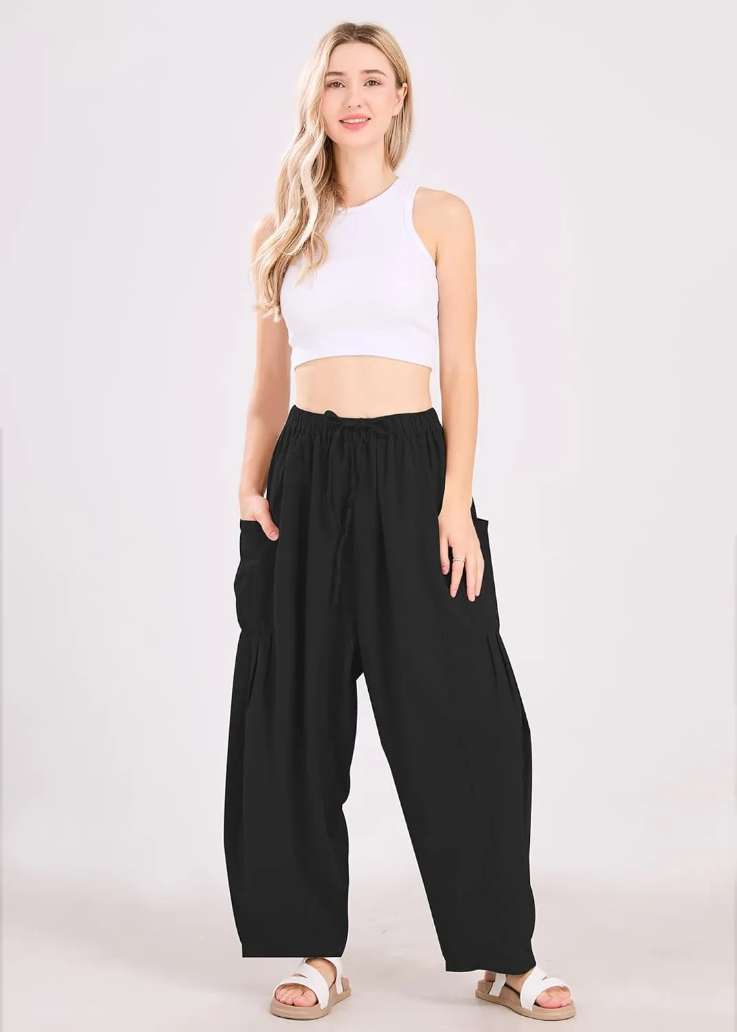 utcoco Womens Baggy Linen Pants Casual Loose Fit Drawstring Wide Leg Harem Pants with Pocket