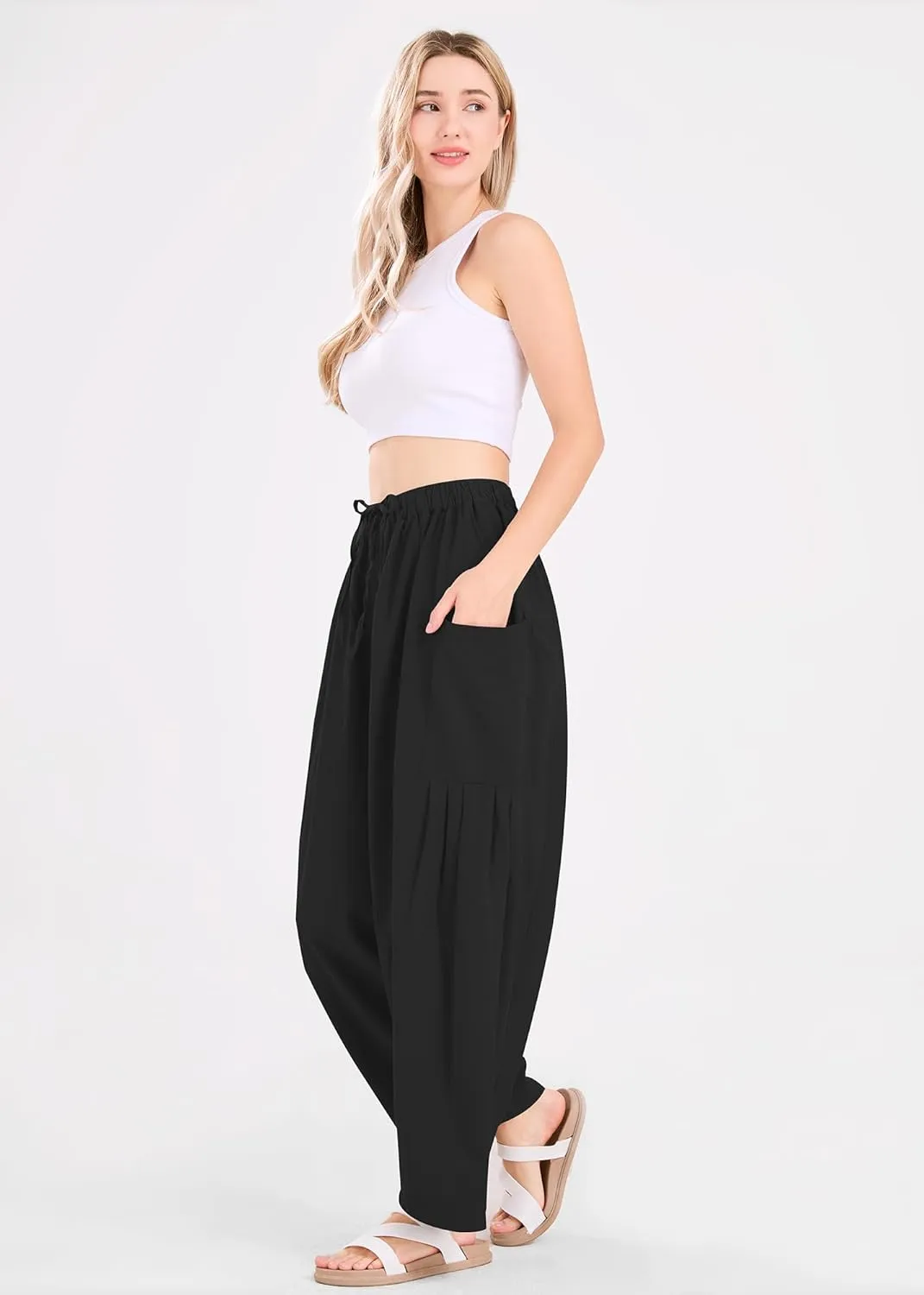 utcoco Womens Baggy Linen Pants Casual Loose Fit Drawstring Wide Leg Harem Pants with Pocket