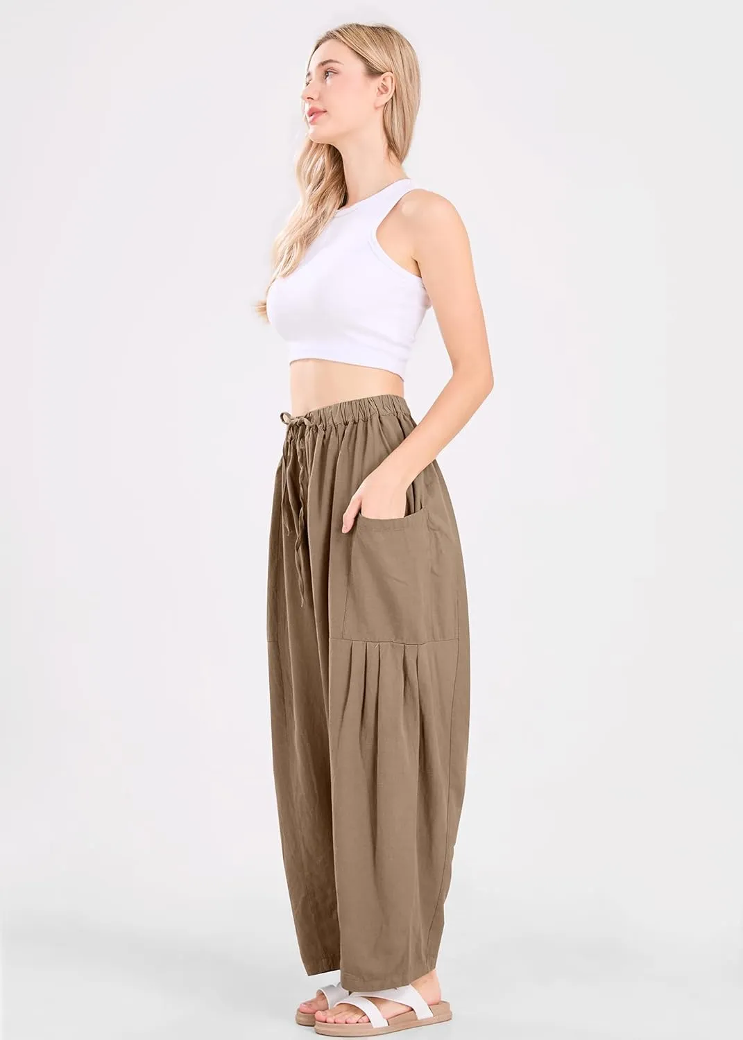 utcoco Womens Baggy Linen Pants Casual Loose Fit Drawstring Wide Leg Harem Pants with Pocket