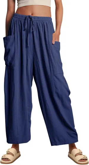 utcoco Womens Baggy Linen Pants Casual Loose Fit Drawstring Wide Leg Harem Pants with Pocket