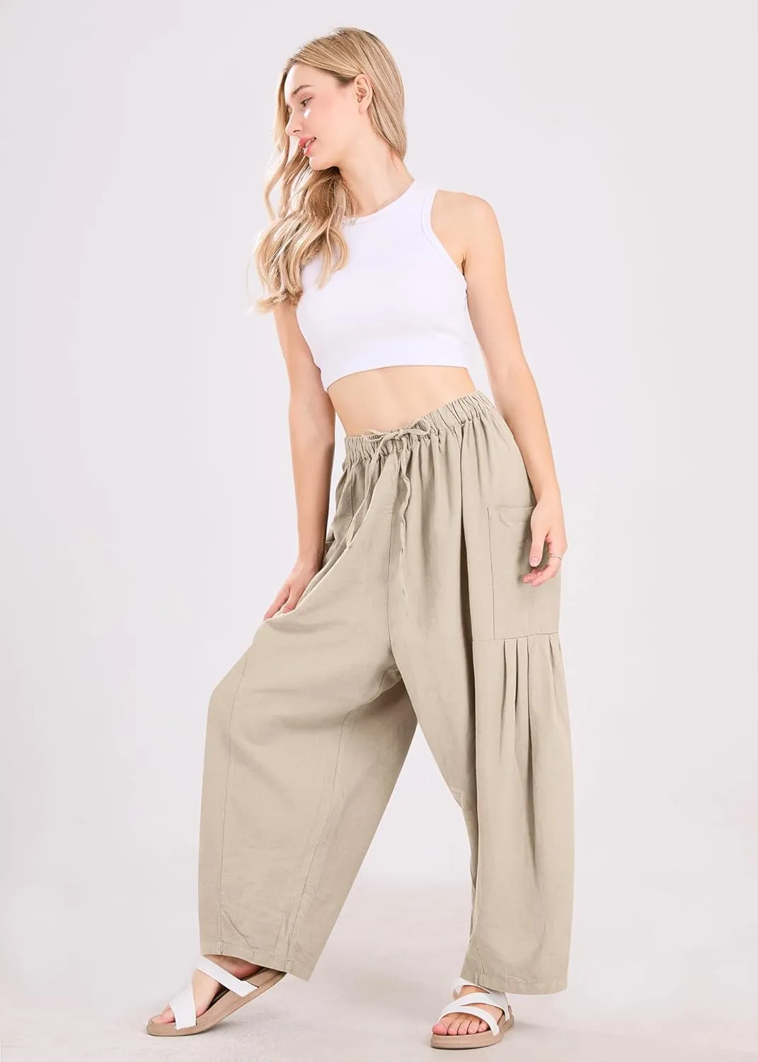 utcoco Womens Baggy Linen Pants Casual Loose Fit Drawstring Wide Leg Harem Pants with Pocket