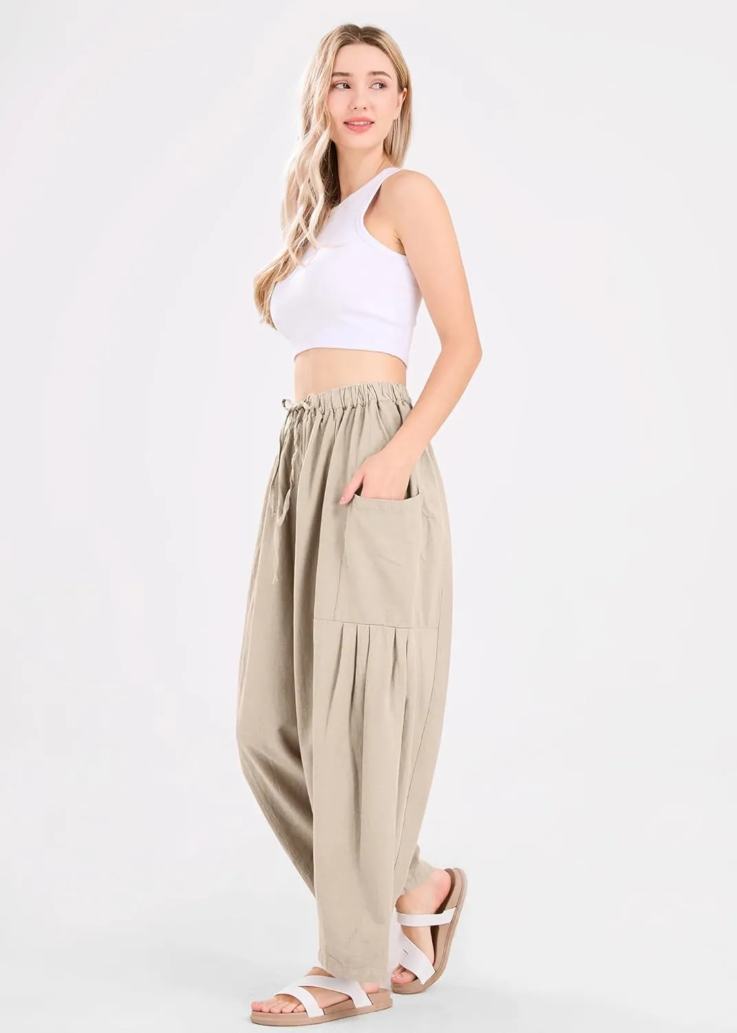 utcoco Womens Baggy Linen Pants Casual Loose Fit Drawstring Wide Leg Harem Pants with Pocket