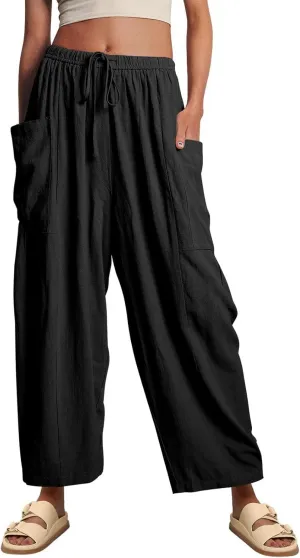 utcoco Womens Baggy Linen Pants Casual Loose Fit Drawstring Wide Leg Harem Pants with Pocket