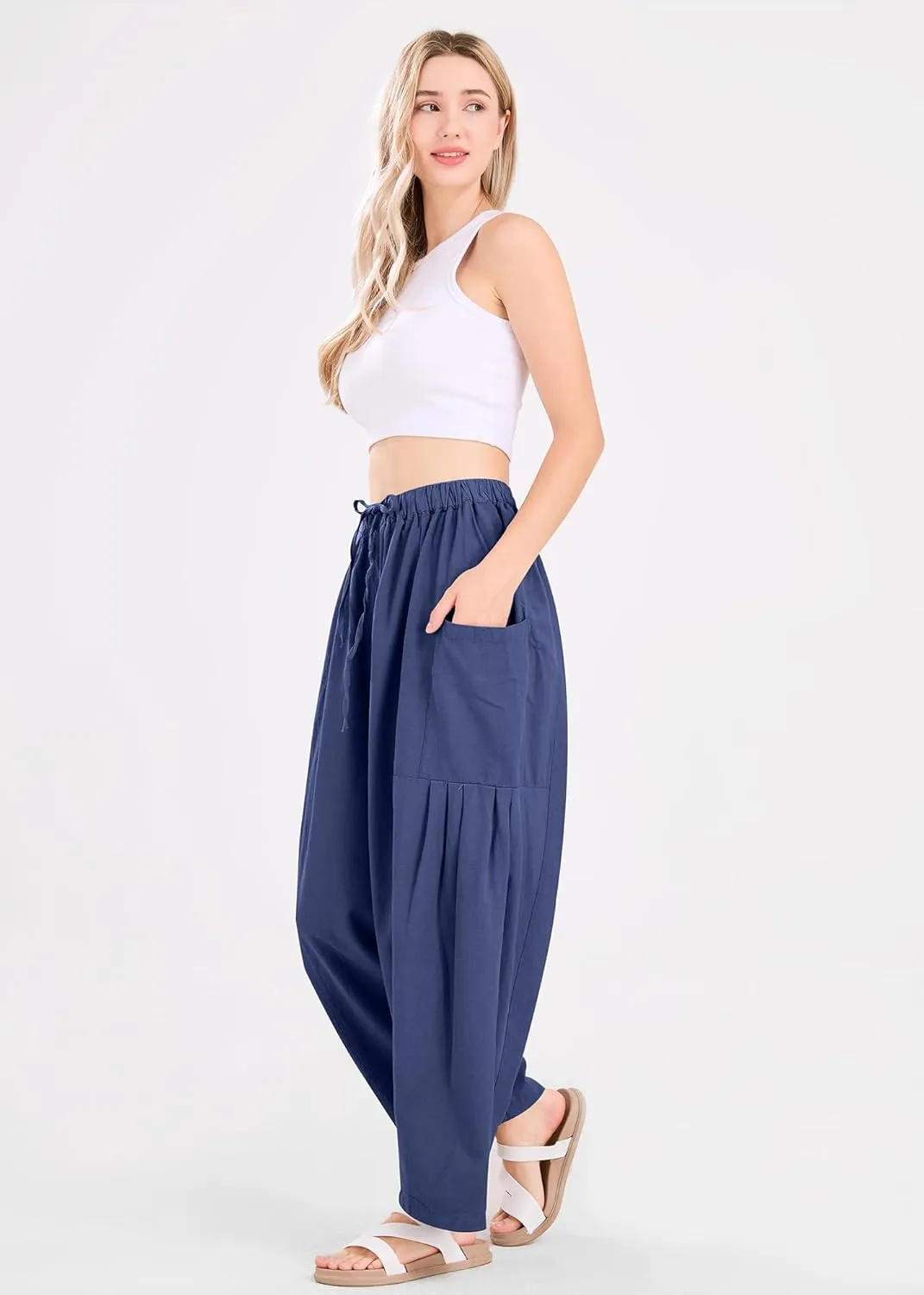 utcoco Womens Baggy Linen Pants Casual Loose Fit Drawstring Wide Leg Harem Pants with Pocket