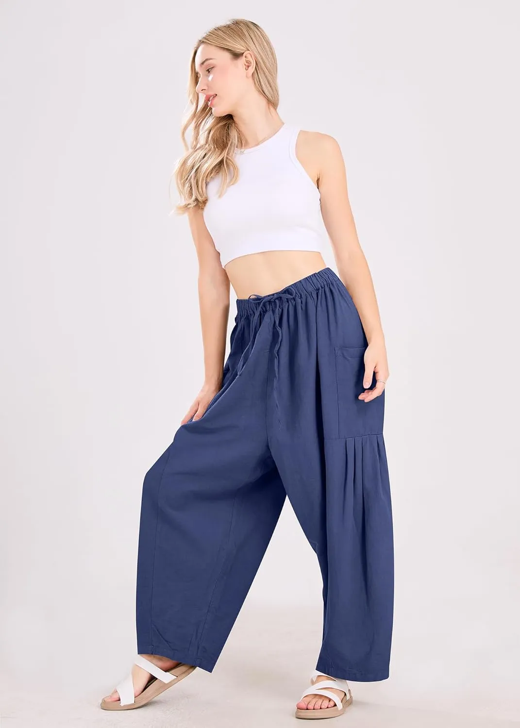 utcoco Womens Baggy Linen Pants Casual Loose Fit Drawstring Wide Leg Harem Pants with Pocket