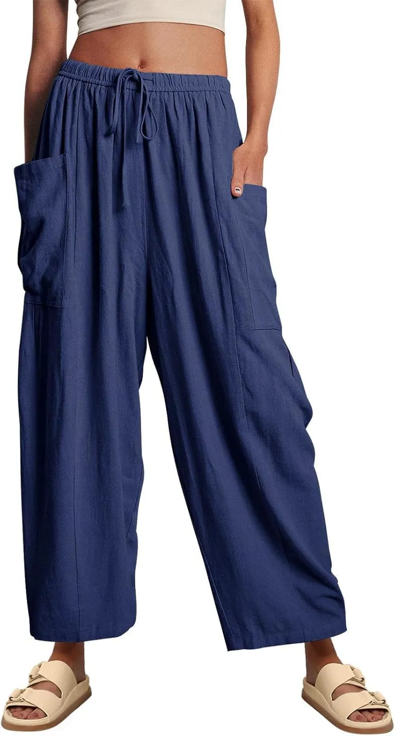 utcoco Womens Baggy Linen Pants Casual Loose Fit Drawstring Wide Leg Harem Pants with Pocket