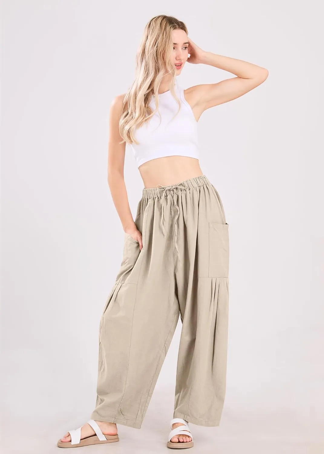 utcoco Womens Baggy Linen Pants Casual Loose Fit Drawstring Wide Leg Harem Pants with Pocket