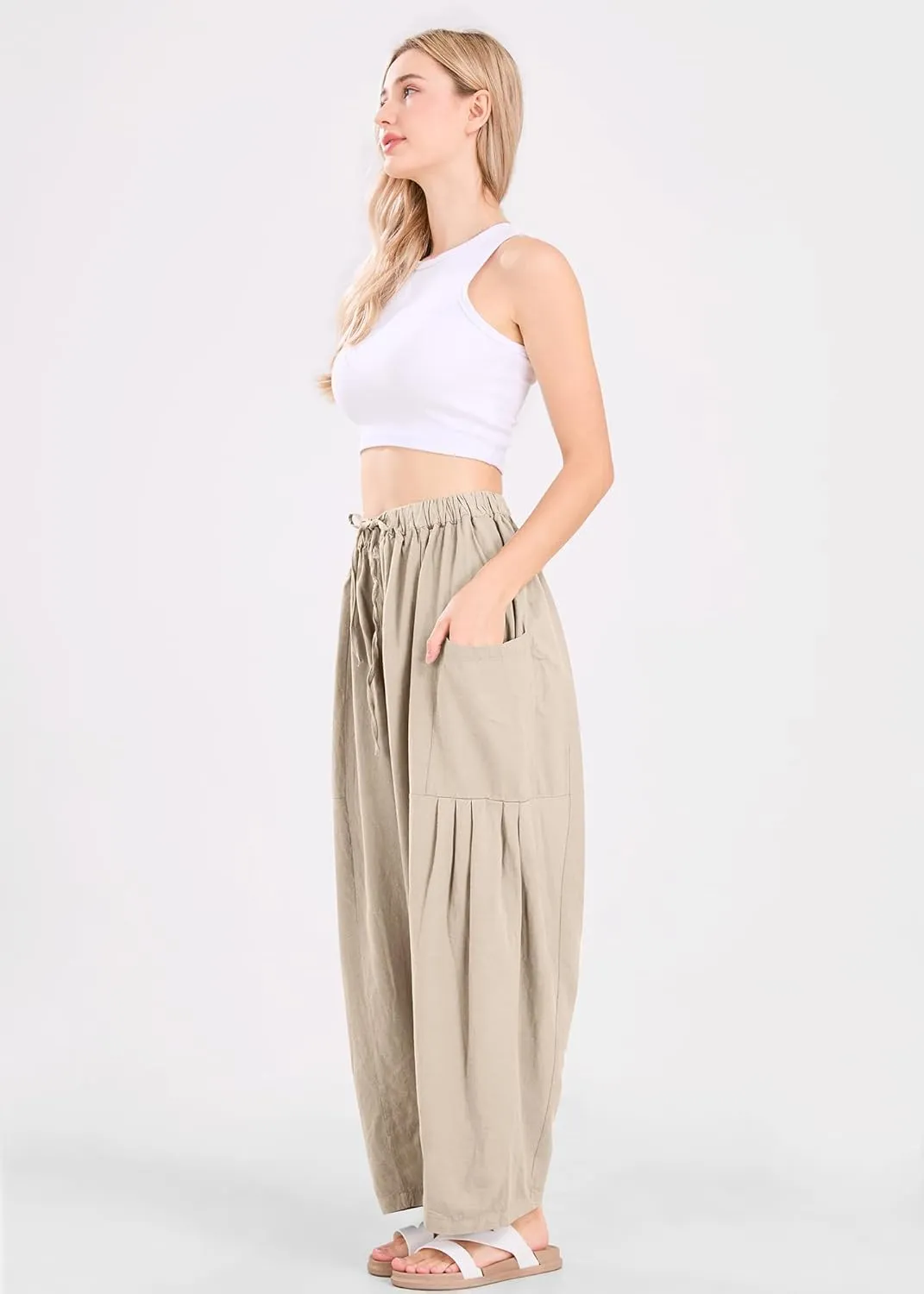 utcoco Womens Baggy Linen Pants Casual Loose Fit Drawstring Wide Leg Harem Pants with Pocket