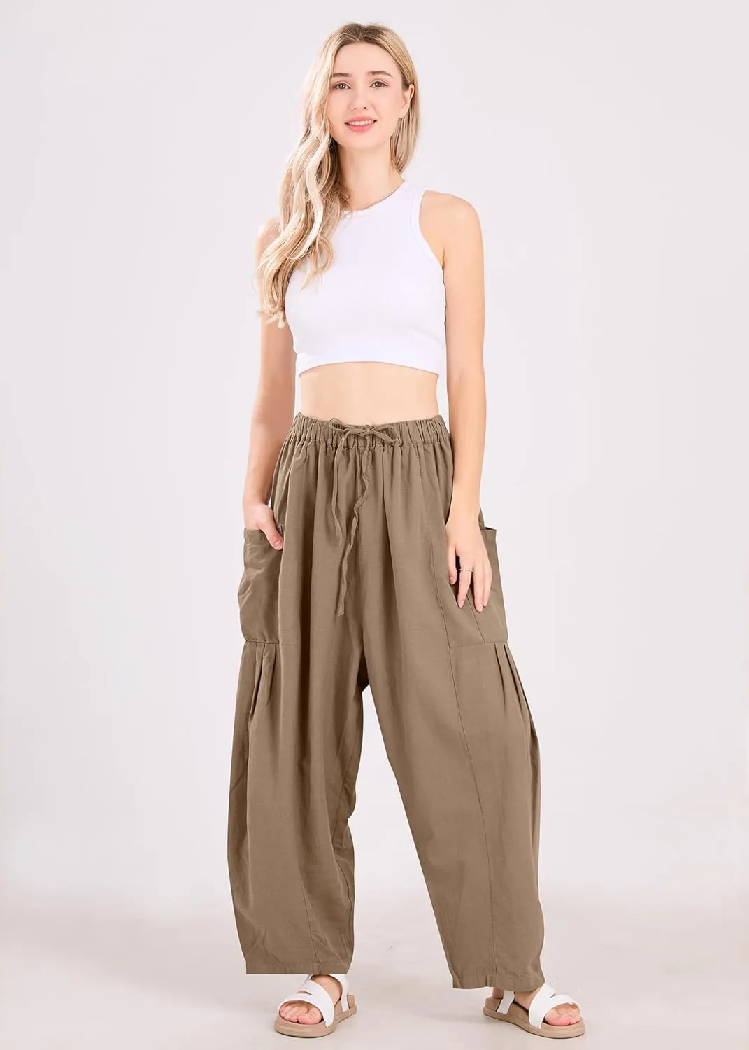 utcoco Womens Baggy Linen Pants Casual Loose Fit Drawstring Wide Leg Harem Pants with Pocket