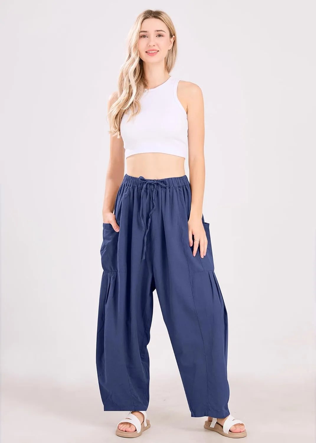 utcoco Womens Baggy Linen Pants Casual Loose Fit Drawstring Wide Leg Harem Pants with Pocket