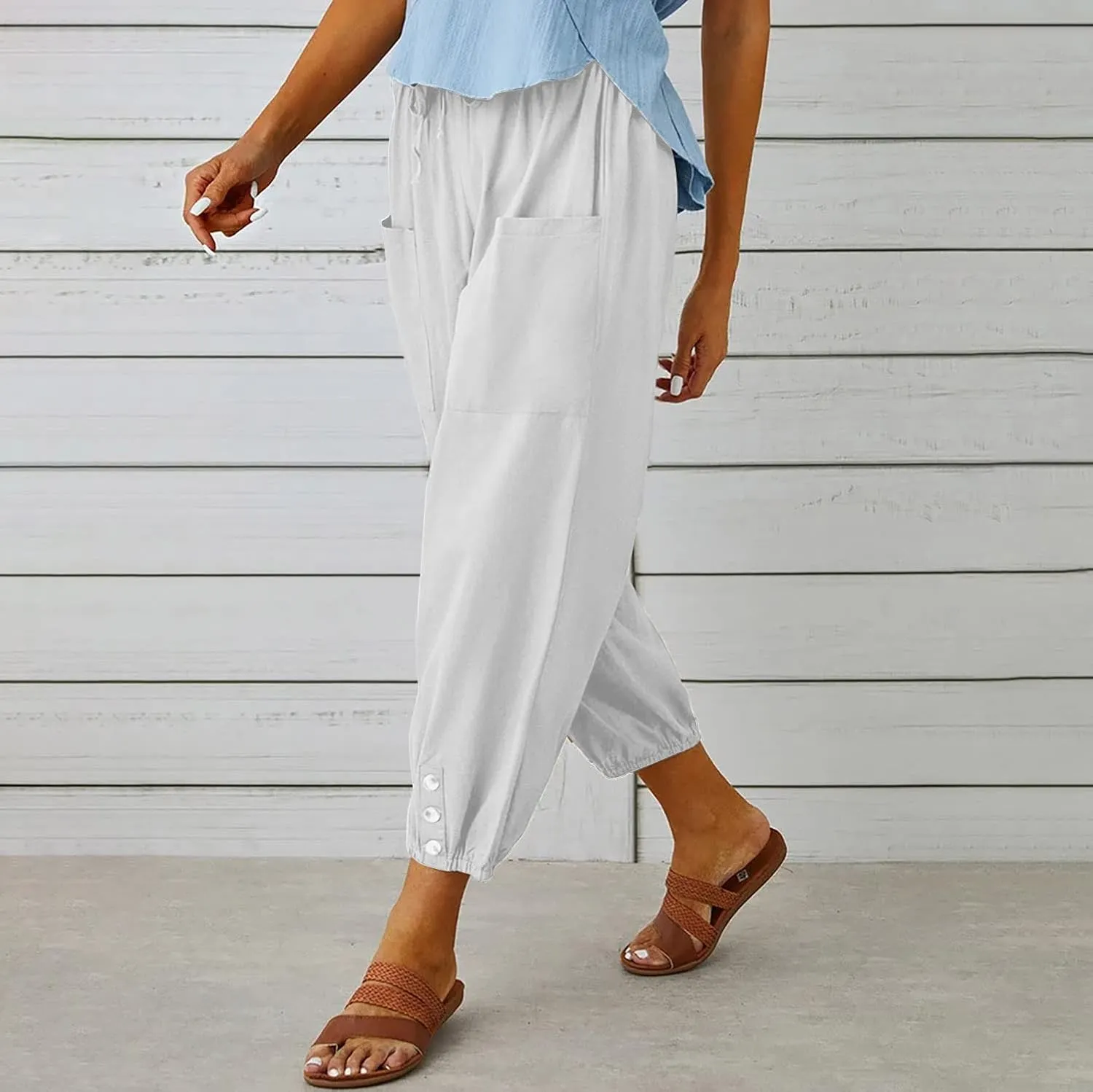 utcoco Women's Cotton Linen Harem Pants High Waist Drawstring Trousers Casual Loose Button Cropped Pants