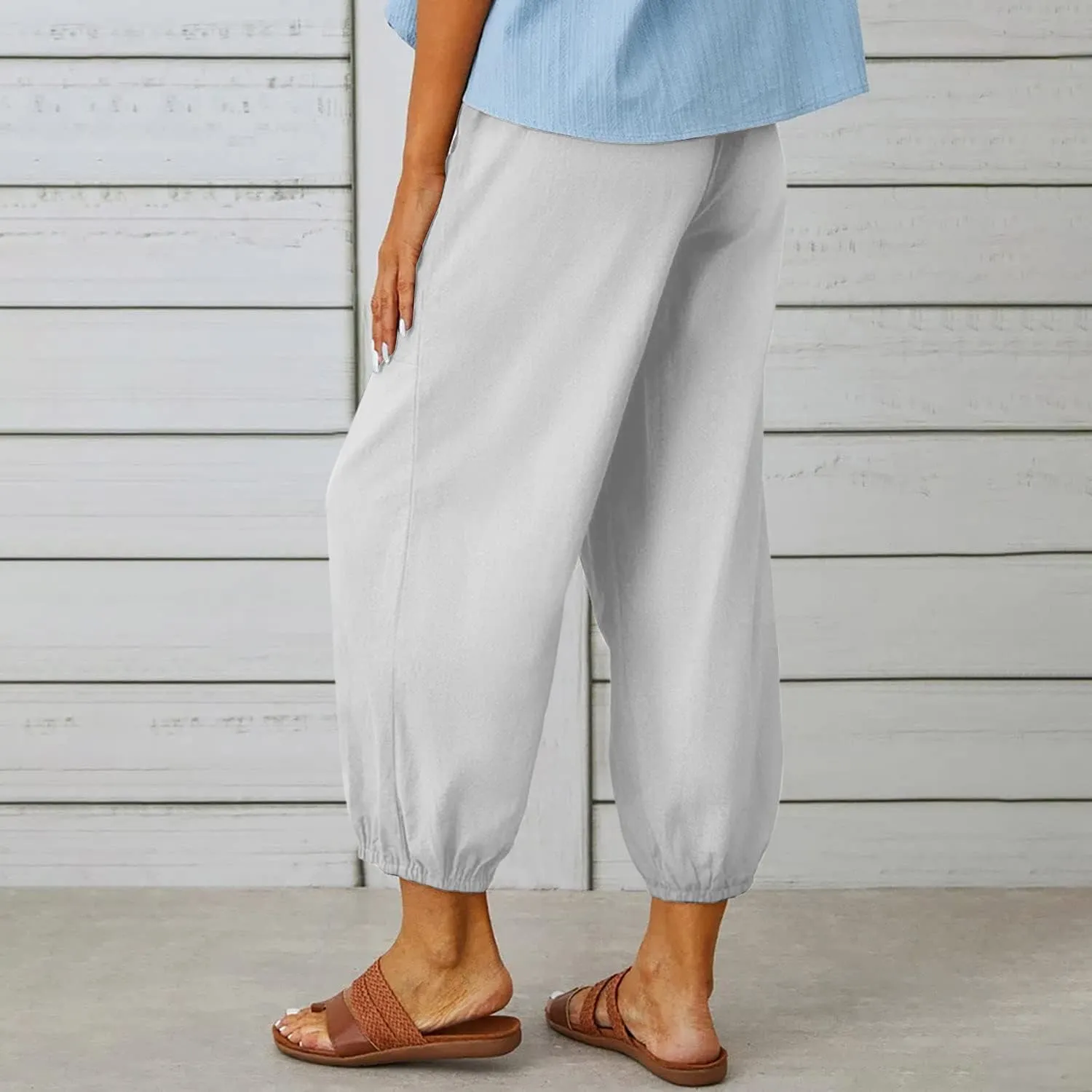 utcoco Women's Cotton Linen Harem Pants High Waist Drawstring Trousers Casual Loose Button Cropped Pants