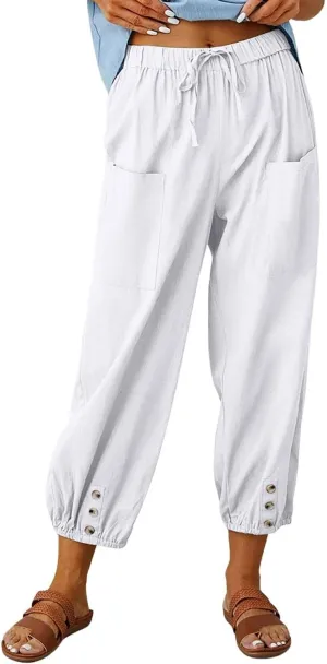 utcoco Women's Cotton Linen Harem Pants High Waist Drawstring Trousers Casual Loose Button Cropped Pants