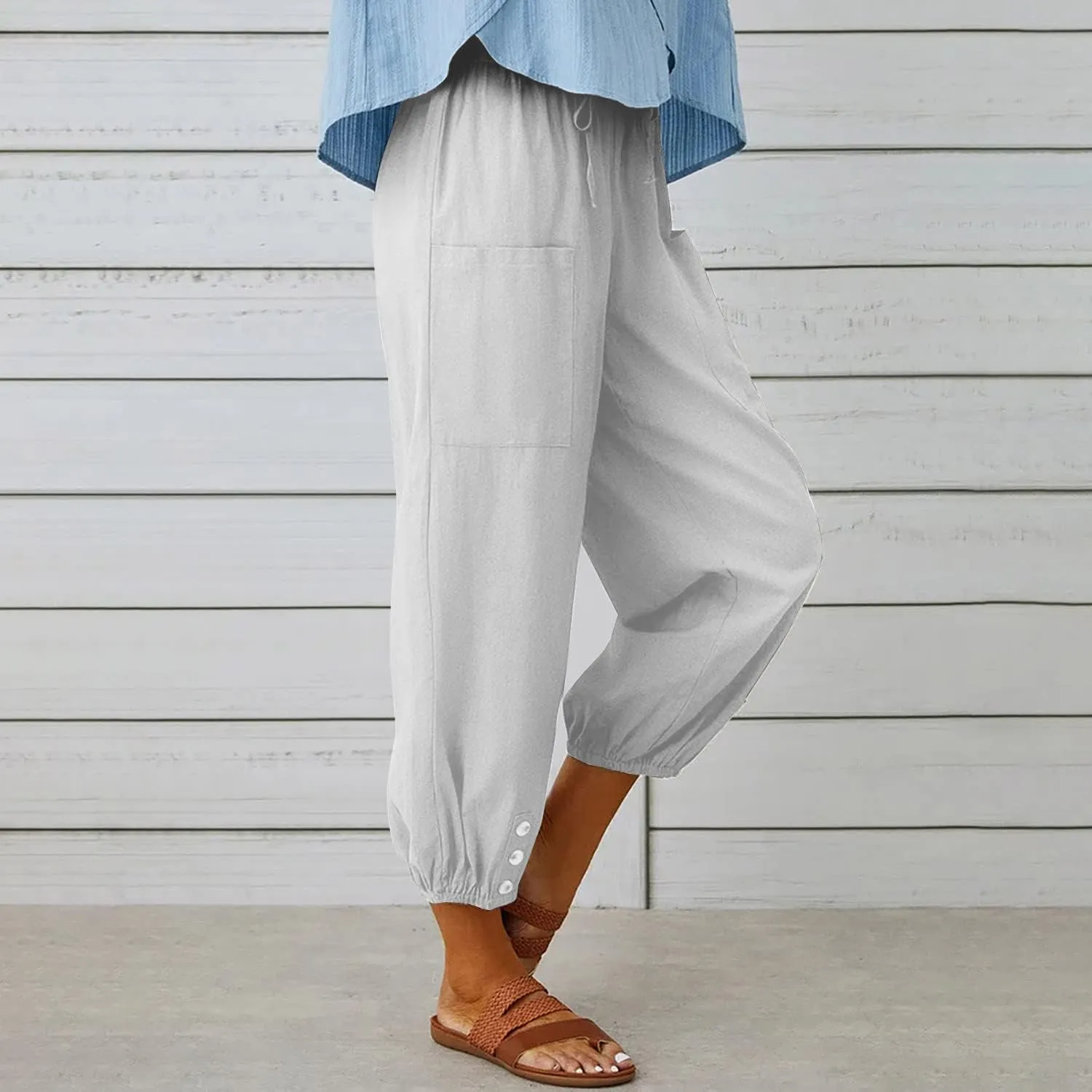utcoco Women's Cotton Linen Harem Pants High Waist Drawstring Trousers Casual Loose Button Cropped Pants